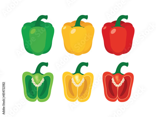 Green, yellow and red Bell pepper icon set vector. Fresh bell peppers icon set isolated on a white background. Bell Pepper cut in half illustration. Capsicum graphic design element