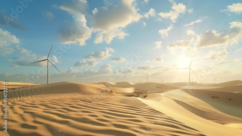 A panoramic view of wind turbines standing tall amidst the vast expanse of a desert landscape. The sun shines brightly in the sky, illuminating the sand dunes and casting long shadows.