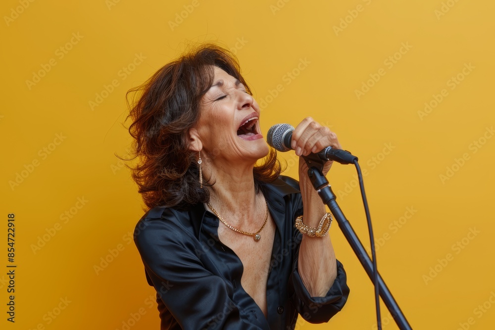 Portrait of a glad caucasian woman in her 50s dancing and singing song in microphone isolated on soft yellow background Portrait of a glad caucasian woman in her 50s dancing and singing song in microphone isolated on soft yellow background