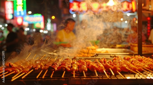 Night street food market in the city of China, smoke coming from barbecued chicken on skewers and other steaming dishes