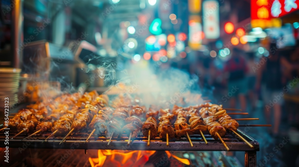 Night street food market in the city of China, smoke coming from barbecued chicken on skewers and other steaming dishes