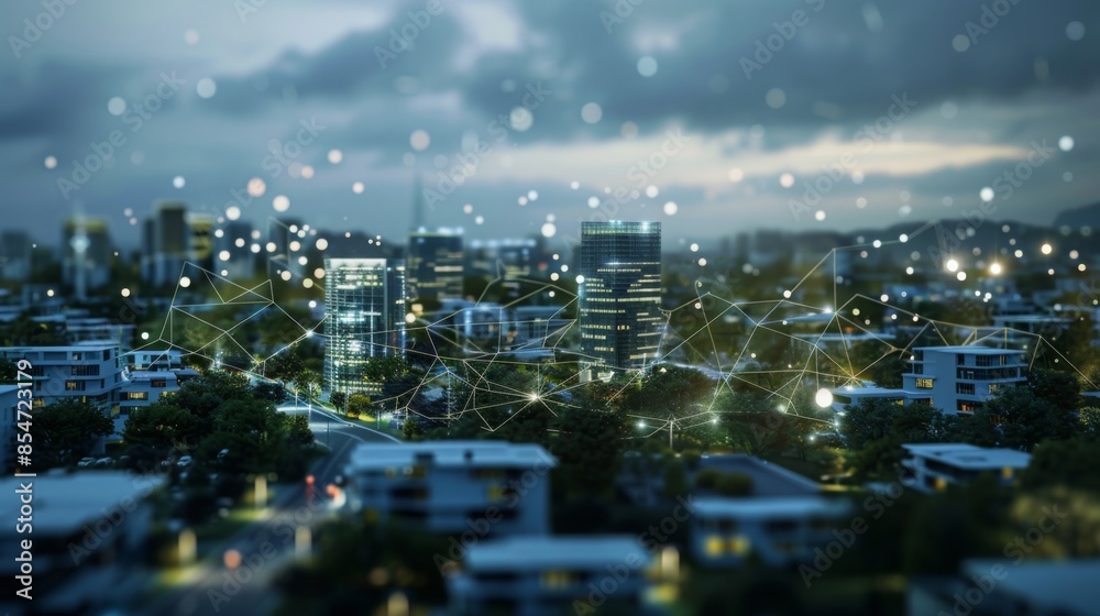 An aerial view of a city at night, with glowing buildings and a network of connections in the sky.