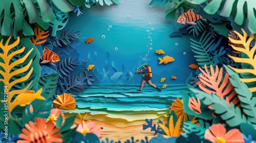 Stunning summer concept paper art depicting a vibrant tropical beach scene with a scuba diver exploring the underwater coral reef and diverse marine life