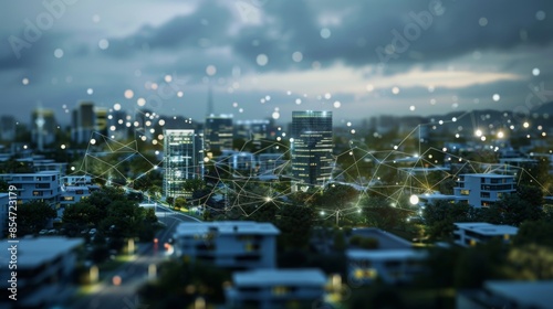 Obraz na płótnie An aerial view of a city at night, with glowing buildings and a network of connections in the sky. w salonie