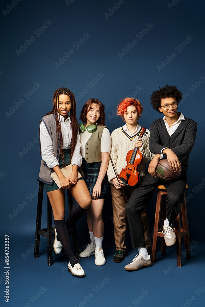 A diverse group of young friends, stand together in stylish attire against a dark blue background. A diverse group of young friends, stand together in stylish attire against a dark blue background.