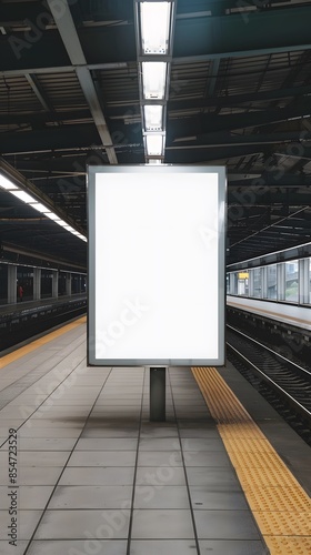 Vertical blank billboard at a modern train station, ideal for advertising mockups or messages in an urban transit setting.