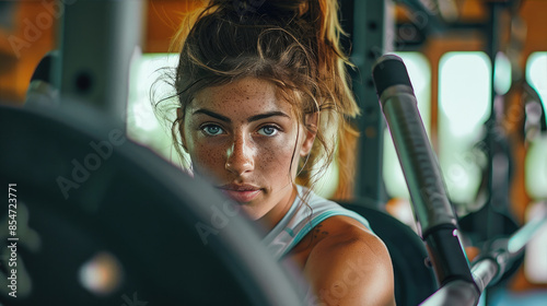 A girl with freckles, a strong athlete, is training in the gym