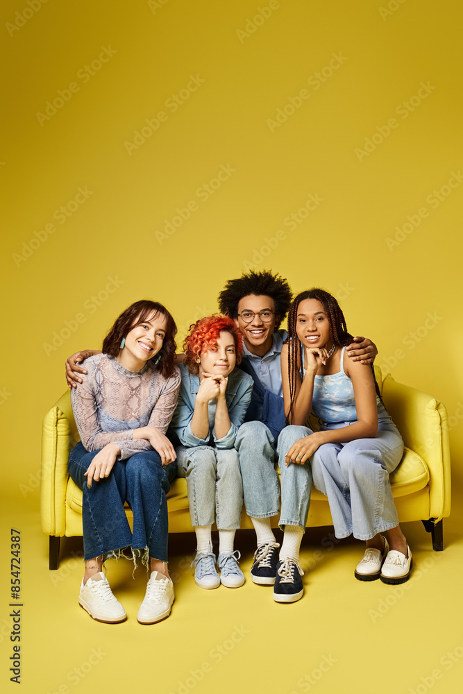 Fototapeta premium A diverse group of young friends, including a nonbinary person, sit and chat comfortably on a vibrant yellow couch in a stylish studio setting.