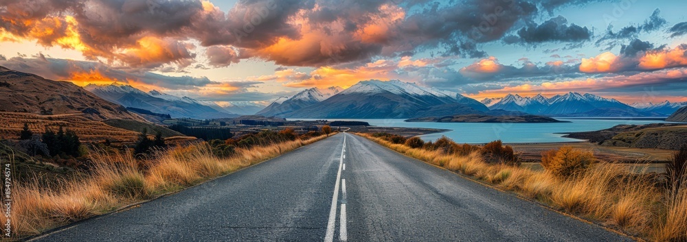 Obraz premium Scenic Road Through The New Zealand Mountains at Sunset
