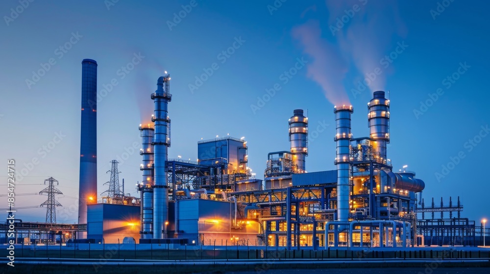 A large industrial complex with tall smokestacks and illuminated buildings, taken at dusk. A large industrial complex with tall smokestacks and illuminated buildings, taken at dusk.