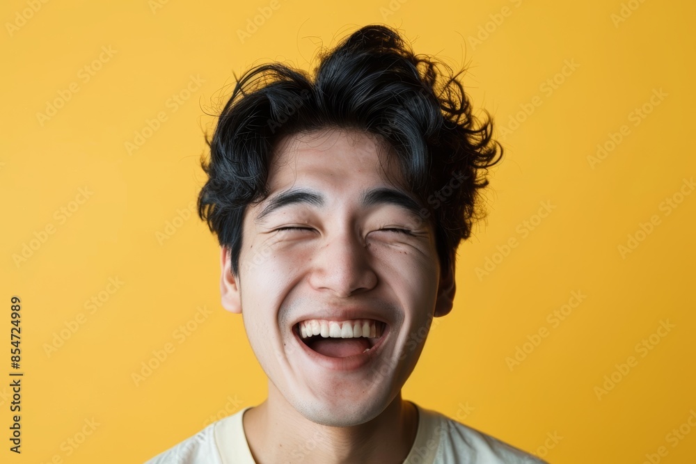 Portrait of a happy asian man in his 20s laughing isolated on soft yellow background Portrait of a happy asian man in his 20s laughing isolated on soft yellow background