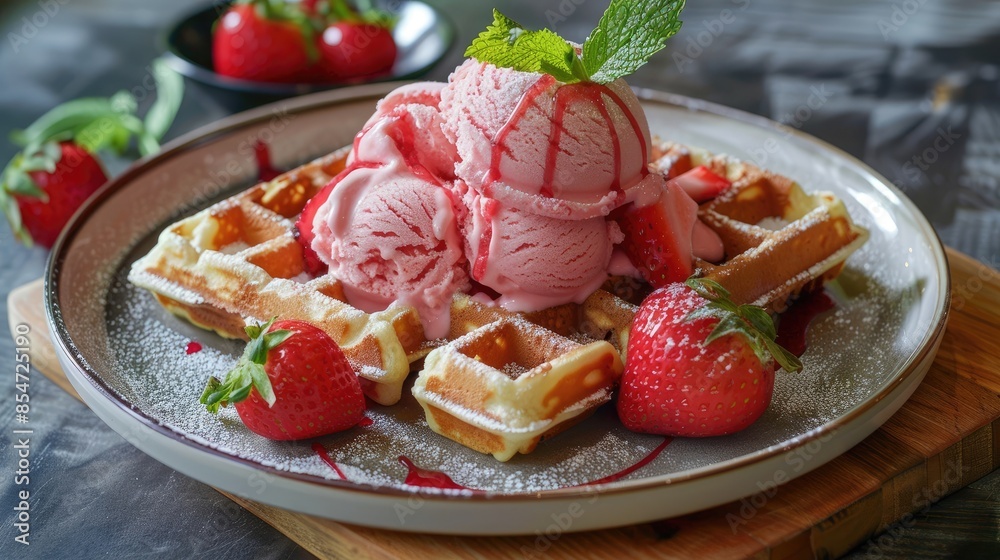 Plate of waffle topped with strawberry ice cream Plate of waffle topped with strawberry ice cream