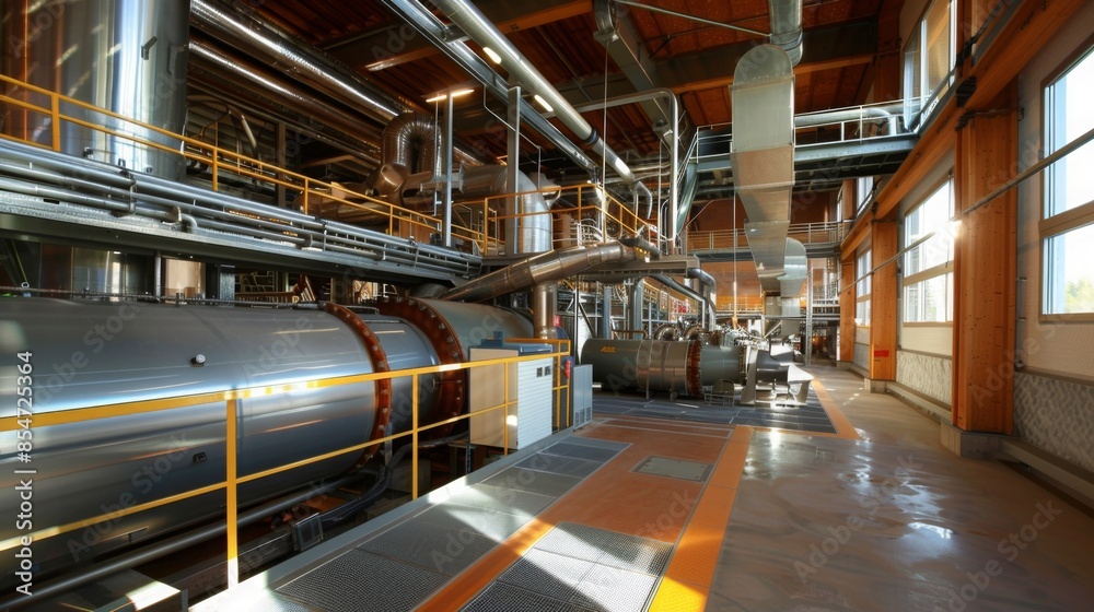 This image shows the interior of an industrial facility, featuring large machinery, piping, and a metal catwalk. The space is well-lit with natural light from large windows. This image shows the interior of an industrial facility, featuring large machinery, piping, and a metal catwalk. The space is well-lit with natural light from large windows.