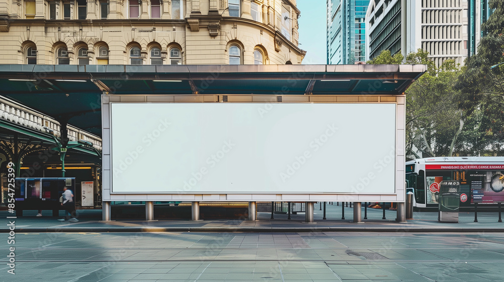 Obraz premium Blank white mock up large billboard sign tram bus stop shelter advertising board template street marketing public transport signage urban cityscape minimalist design promotional transit hub Sydney ad