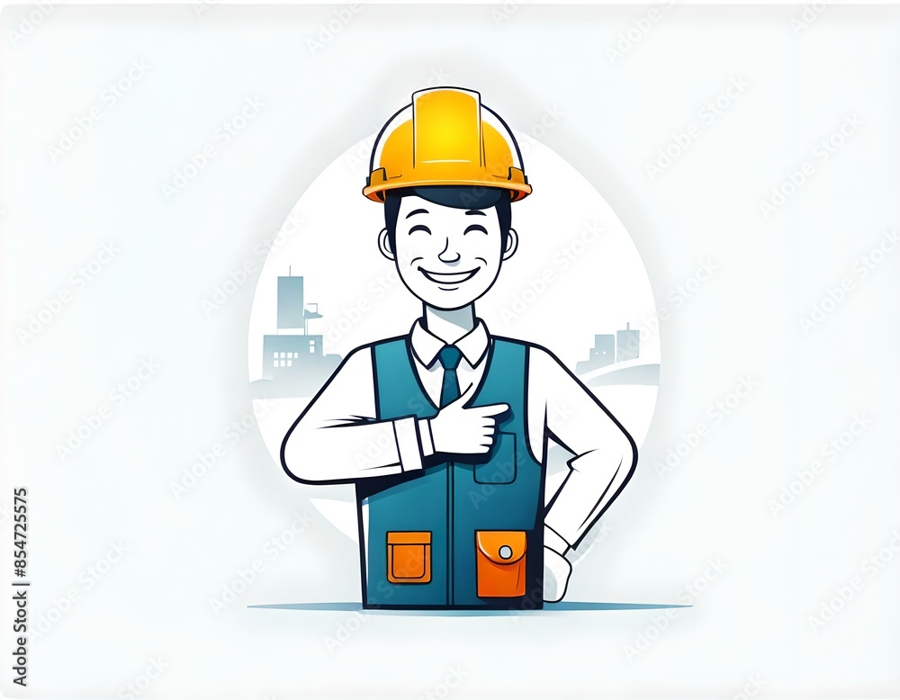 Illustration of a worker smiling with helmet on a blue background, safety on job vectorial illustration, personal protective equipment Illustration of a worker smiling with helmet on a blue background, safety on job vectorial illustration, personal protective equipment