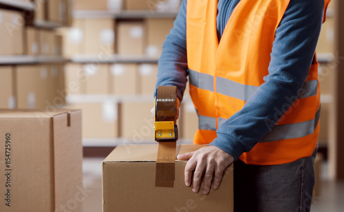 Warehouse packer sealing a delivery box