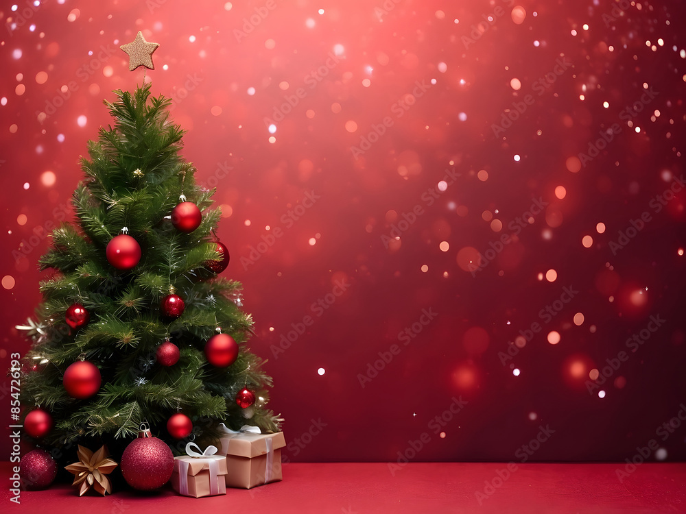 Christmas background with Christmas tree and sparkle bokeh lights on a red canvas. Merry Christmas card. Winter holiday theme. Happy New Year. Space for text design Christmas background with Christmas tree and sparkle bokeh lights on a red canvas. Merry Christmas card. Winter holiday theme. Happy New Year. Space for text design