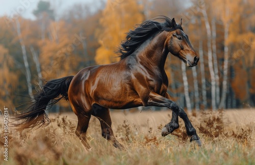 Brown Horse Running Through Autumn Field