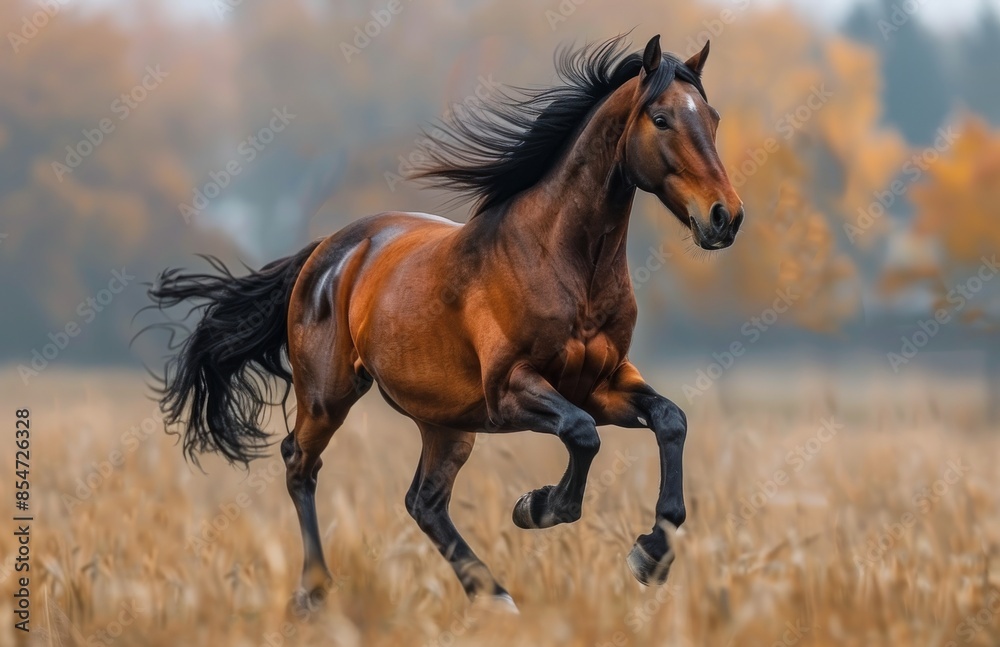 Brown Horse Running Through Autumn Field Brown Horse Running Through Autumn Field