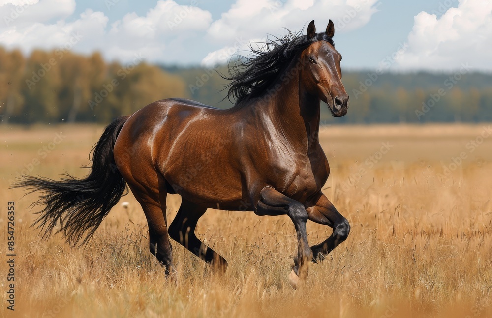 Brown Horse Running Through Autumn Field Brown Horse Running Through Autumn Field