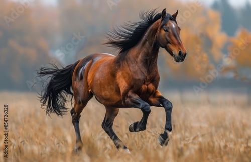 Brown Horse Running Through Autumn Field