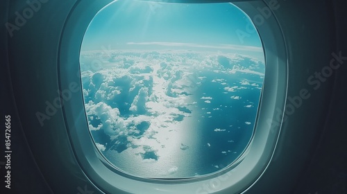 A view from a passenger plane window showing white clouds over blue ocean © Pavel Kachanau