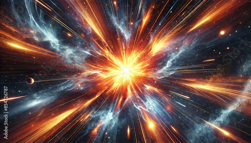 Realistic illustration of a vibrant cosmic explosion with orange and blue streaks