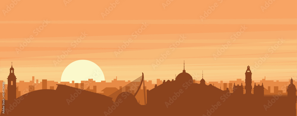 Obraz premium Brown panoramic poster of the city skyline with misty background buildings, sunrise, clouds and mountains of VALENCIA, SPAIN