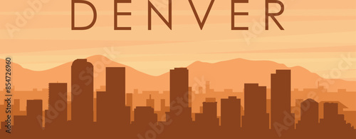 Brown panoramic poster of the city skyline with misty background buildings, sunrise, clouds and mountains of DENVER, UNITED STATES