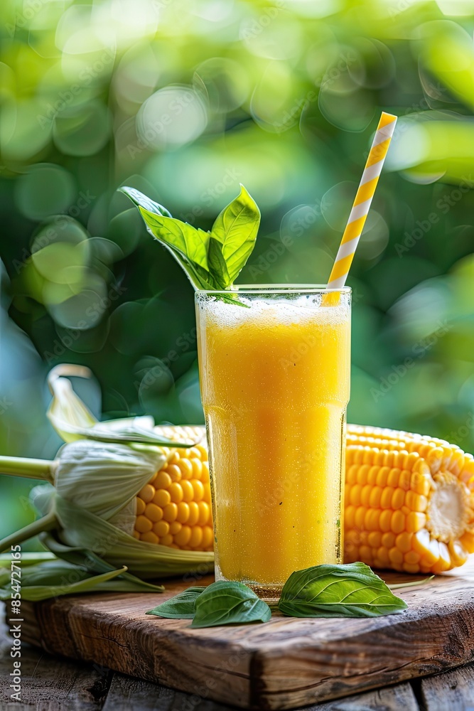 Fototapeta premium freshly squeezed corn juice on the background of the garden. Selective focus