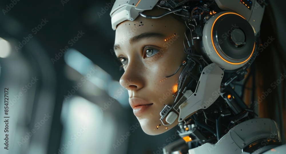 Fototapeta premium Futuristic Android Robot With Glowing Details and a Pensive Expression