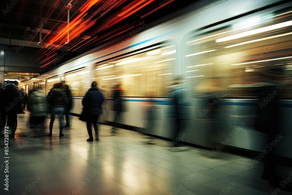 People in the subway station blurred into motion