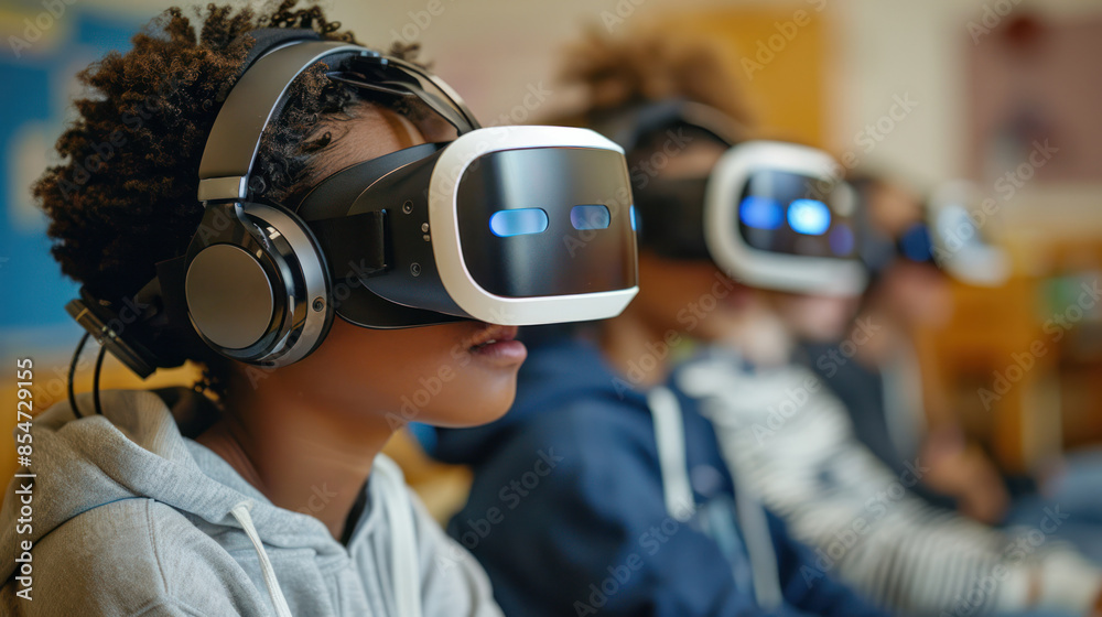 Students using VR headsets in a classroom, learning through immersive virtual simulations Students using VR headsets in a classroom, learning through immersive virtual simulations