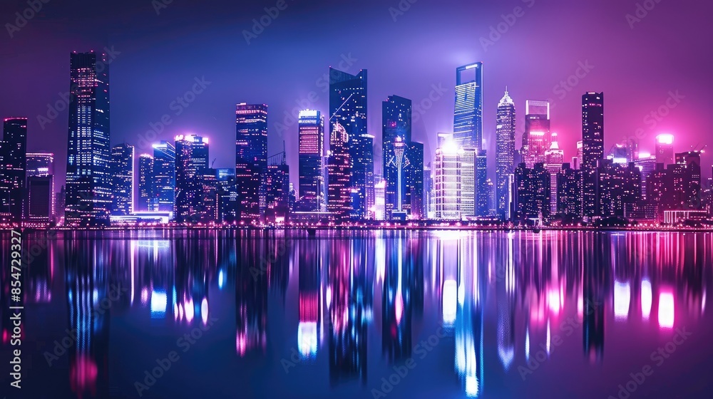 Fototapeta premium Neon cityscape at night, a vibrant metropolis glowing with energy and life