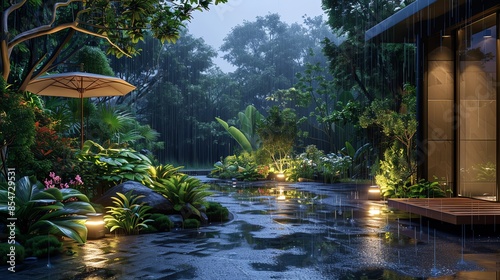 Rainy garden, flat design, front view, serene ambiance, 3D render, vivid