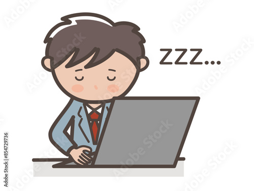 仕事中パソコンを操作しながら居眠りをしてしまう男性ビジネスマンのイラスト