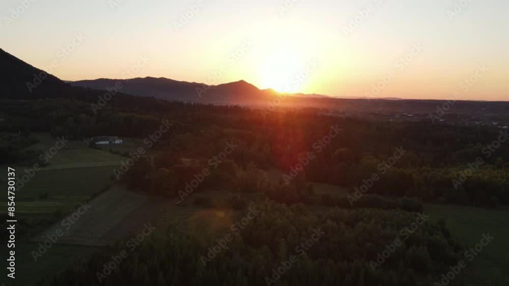 Aerial view drone cinematic shot of amazing woods at colorful warm sunset in summer time. Green pine forest slopes of mountain range. Bright disk of sun in sky slowly sets tops of mountains Aerial view drone cinematic shot of amazing woods at colorful warm sunset in summer time. Green pine forest slopes of mountain range. Bright disk of sun in sky slowly sets tops of mountains