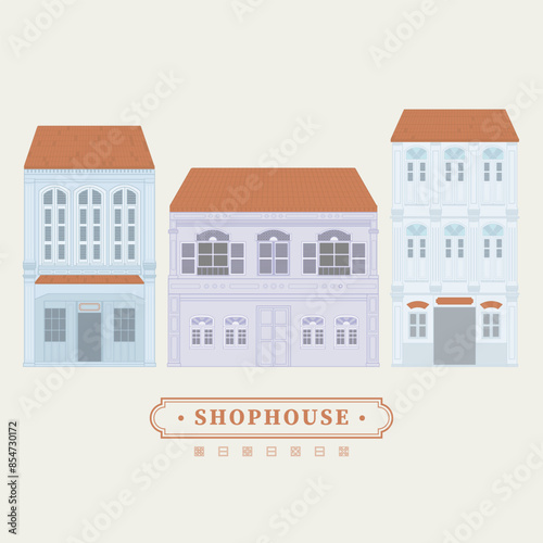 Photography Collection set of mnimal vector illustration drawing of an old school heritage shophouse facade in pastel colour