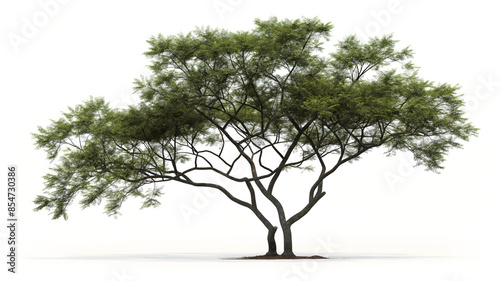 Tree with spreading branches and sparse leaves on a white background, minimalistic nature.