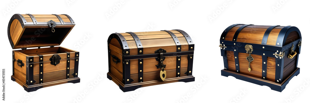 Set of medieval opened unlocked and closed locked treasure antique vintage chests with Gothic design isolated on transparent background. Set of medieval opened unlocked and closed locked treasure antique vintage chests with Gothic design isolated on transparent background.