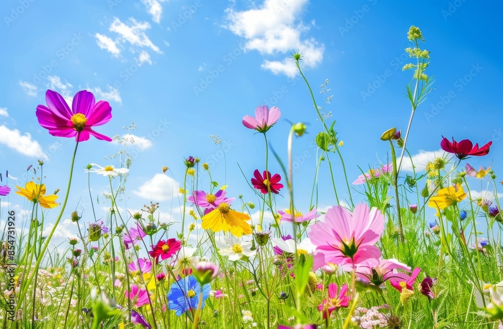 Obraz premium campo de flores colorido con un cielo azul