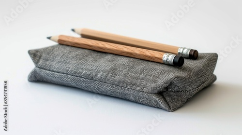 Grey pencil case isolated on white background photo