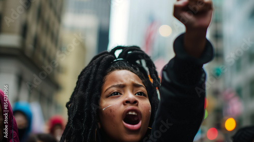 Youthful Passion: A Young Activist at a Rally. A striking image of a young activist raising her fist in solidarity during a protest. 