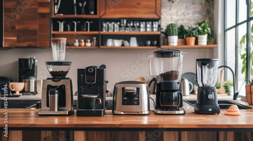 A close-up image of a countertop with various modern kitchen appliances, including a coffee grinder, espresso machine, toaster, coffee maker, and blender, all in black and silver colors.