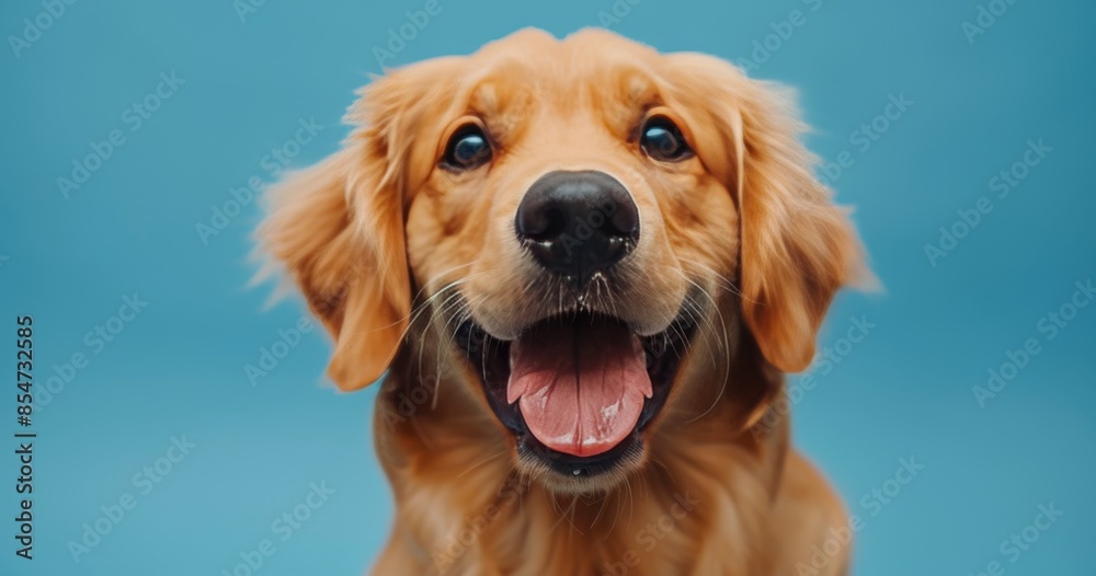 Fototapeta premium Golden Retriever Dog Looking Up With Tongue Out Against Blue Background