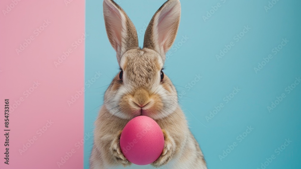 Obraz premium Easter bunny holding egg on blue and pink backdrop