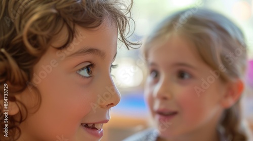 Close up photography of child whispering at classroom with blurring background. Happy elementary student chitchatting or talking or sharing secret together with diverse friend with curious. AIG42.