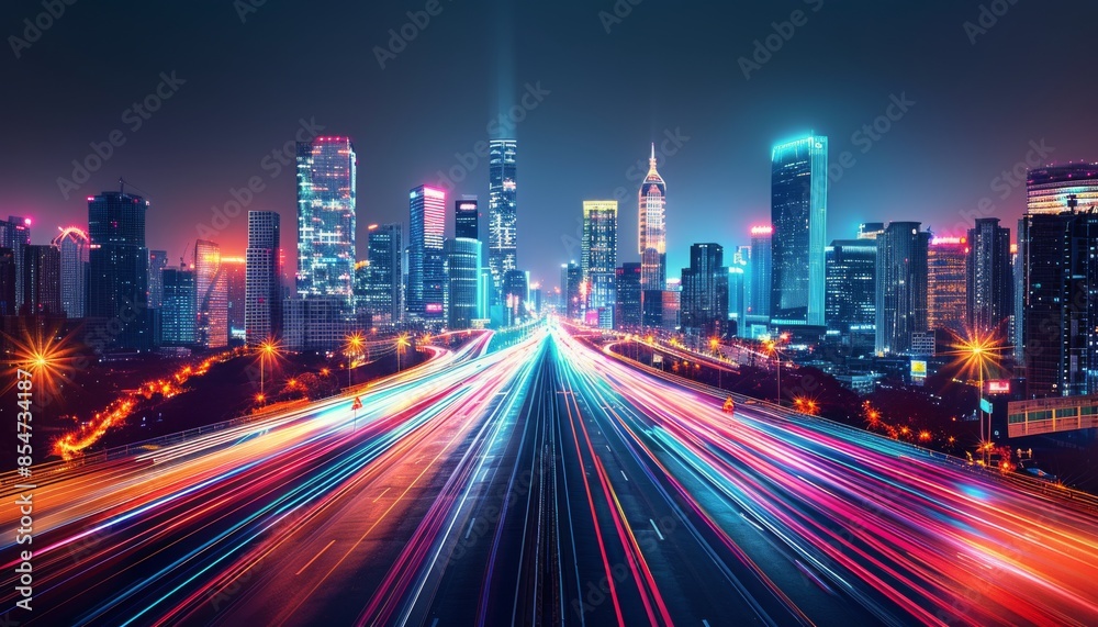 Futuristic Cityscape With Neon Lights and Streaks of Light Futuristic Cityscape With Neon Lights and Streaks of Light
