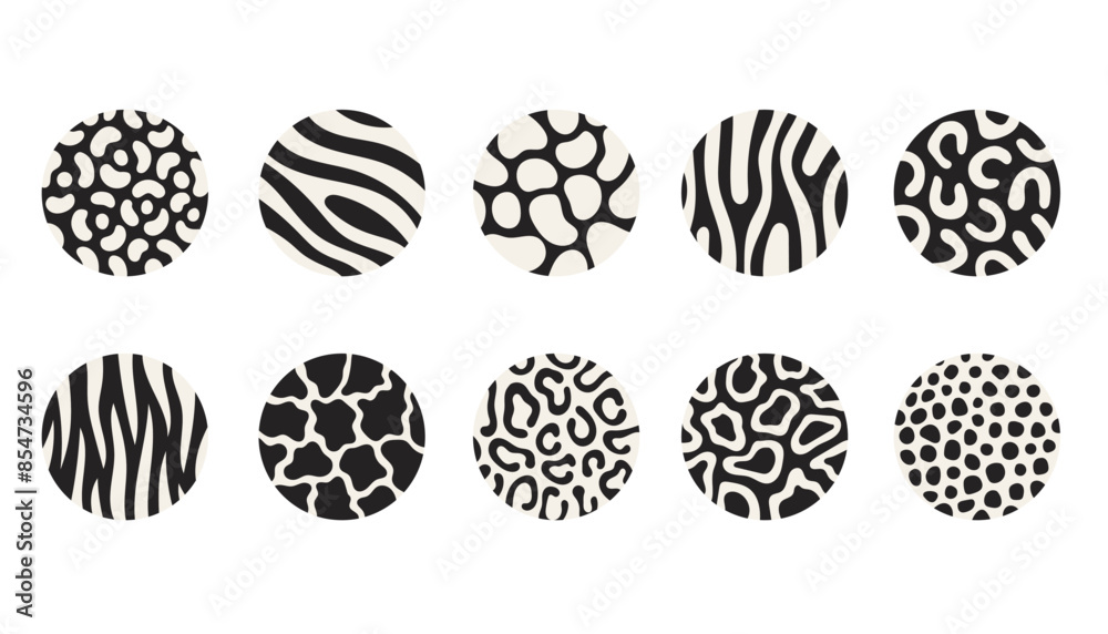 Animal Fur Texture Circle Set. Black and white jaguar leopard cow