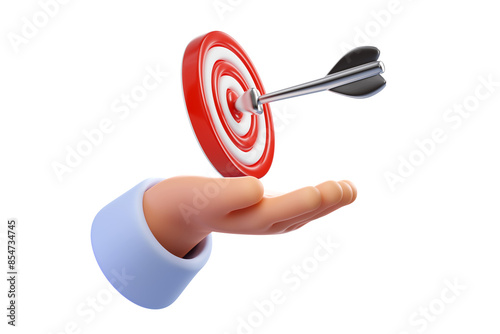 Human Hand Holding Target with Arrow isolated on white background. Goal, purpose or objective. Achieve success, aiming at target bullseye, accuracy, challenge and aspiration. 3d rendered illustration